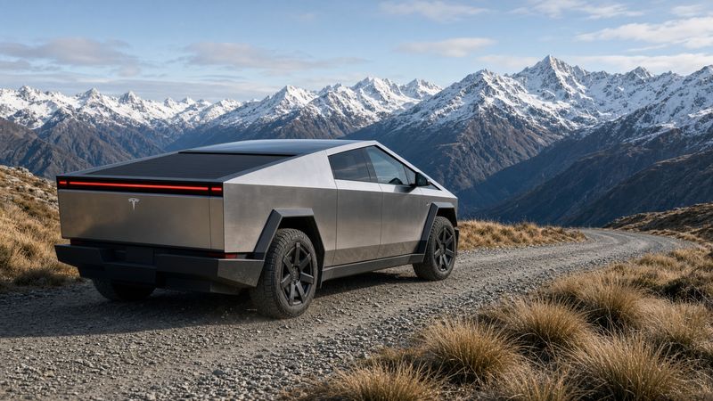 Cybertruck on an alpine ridge above the Southern Alps