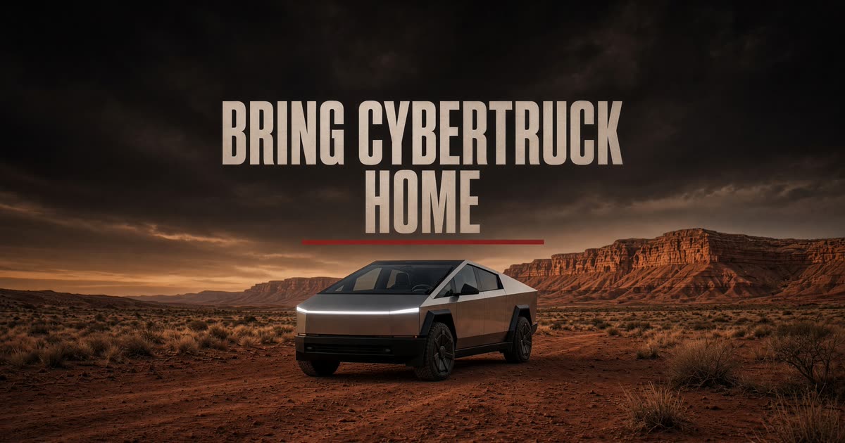 Bring Cybertruck Home — a Cybertruck on red-dirt outback country
